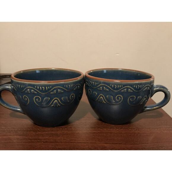 2 - Pier 1 Tunisia Stoneware Tea cups Teal Blue Tan Trim Embossed Scrolls - Picture 1 of 5